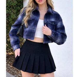 Vintage 90s Paris Sport Club Jacket Women L Plaid Cropped Full Zip Lined Blue